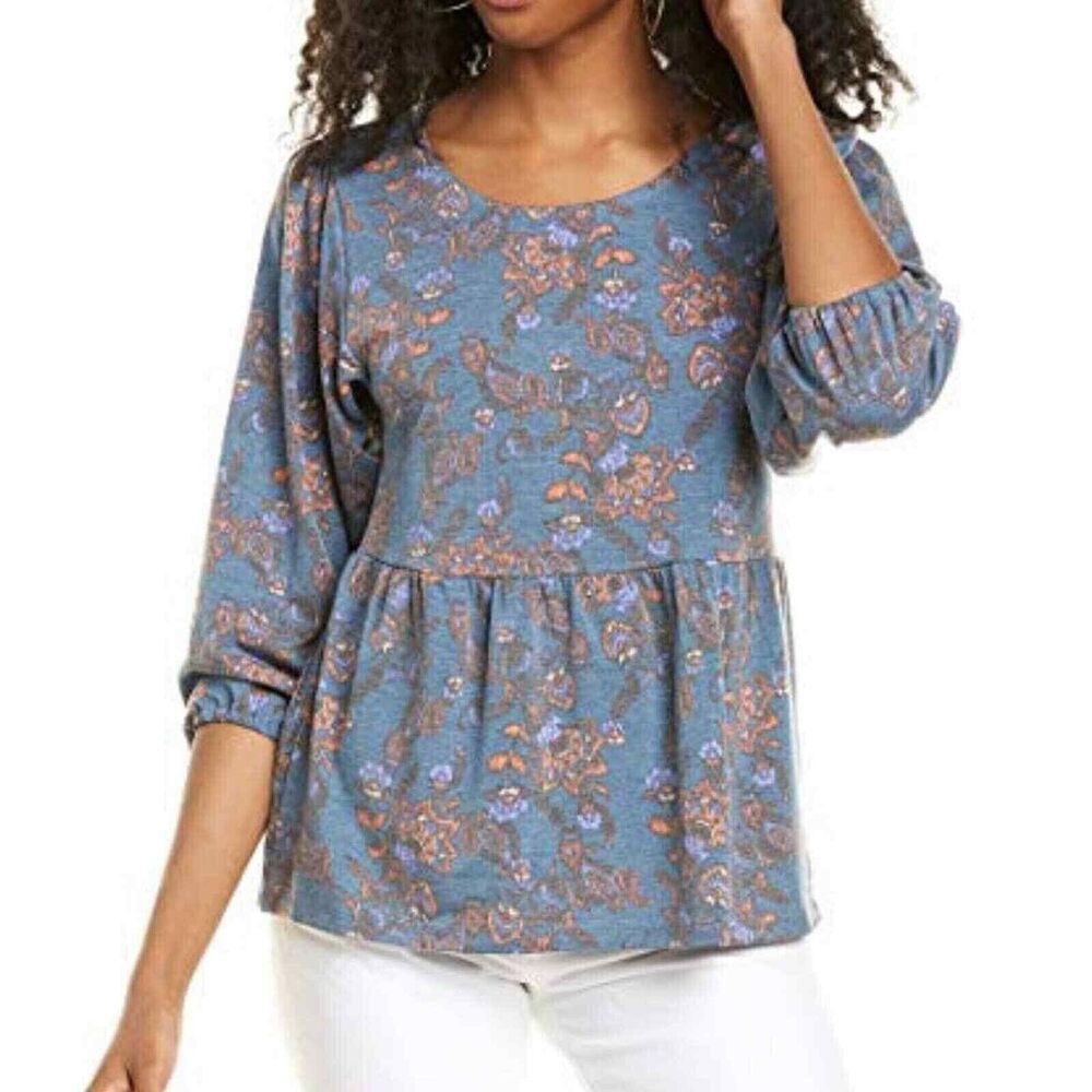 Bobeau Women's 3/4 Sleeve Babydoll Top in‎ Teal Terracotta 1X MSRP $58